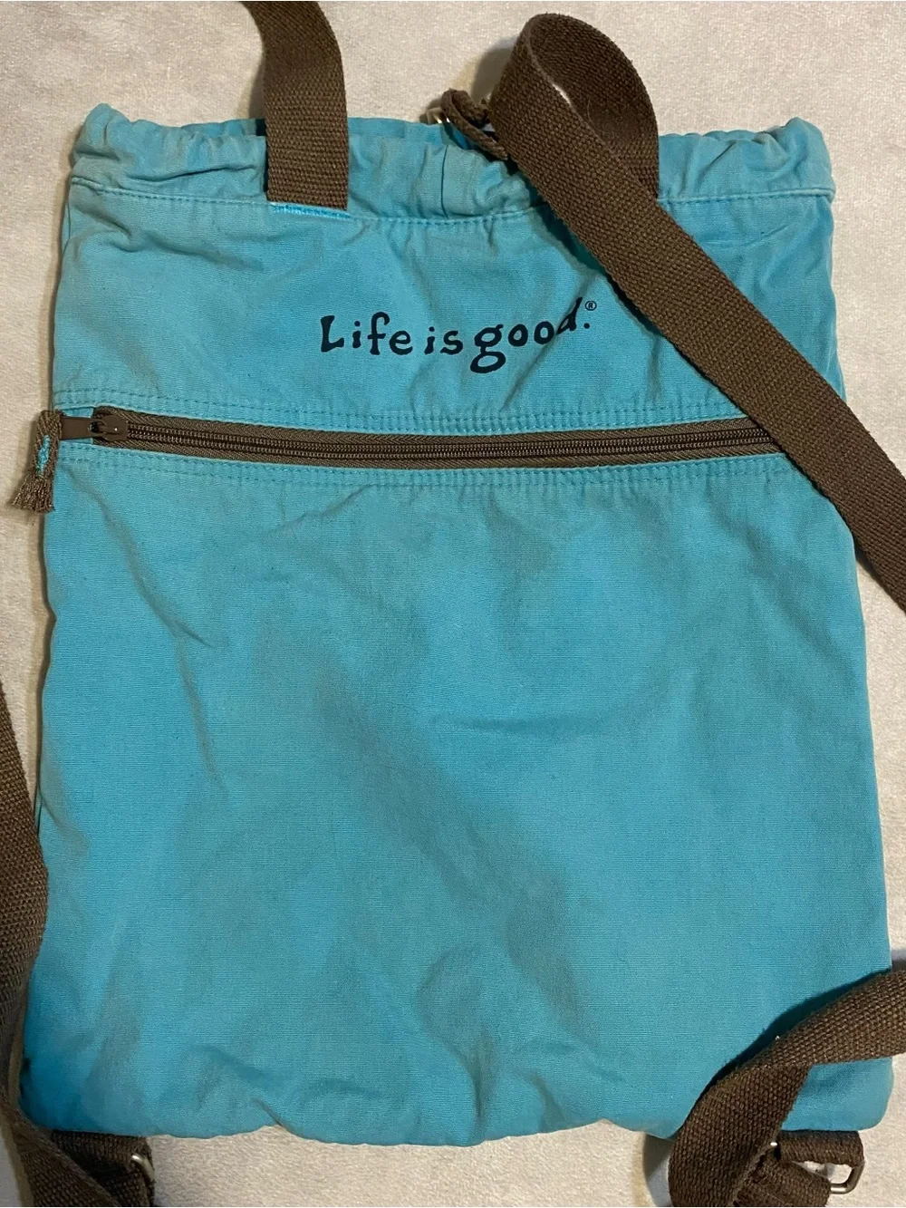 Life Is Good Ocean Blue Beachy Canvas Cinch Sack Backpack Tote Bag